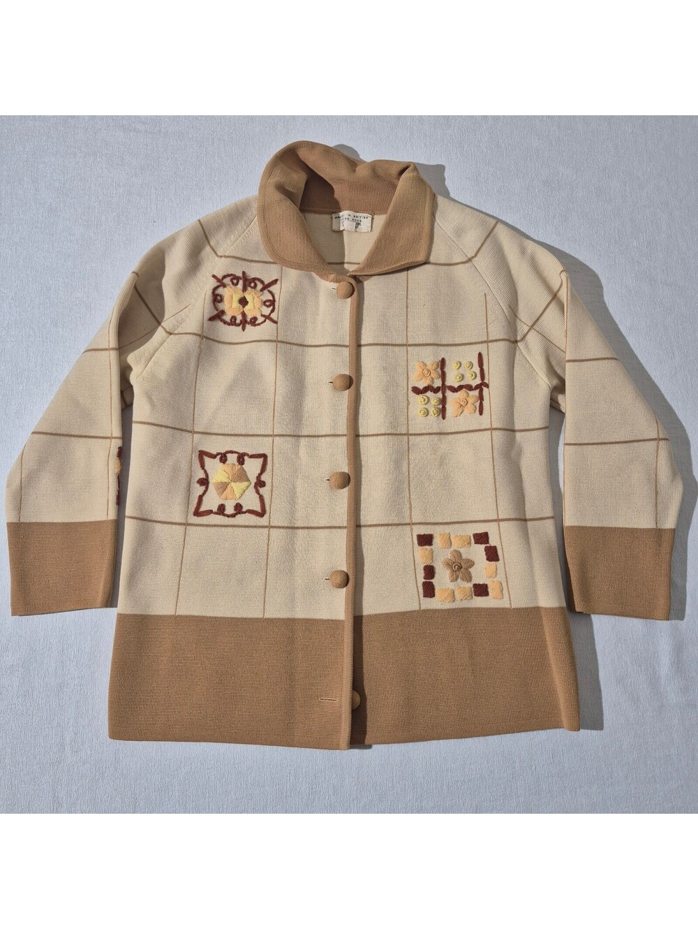 Vintage 80s Womens Sz 12 Med/Large Cream tan wool knit cardigan jacket